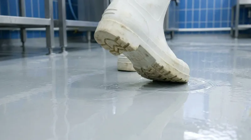 Bota sobre piso molhado em área de produção